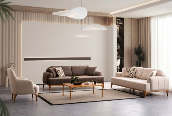 Conjunto de sofá beige moderno de lujo para la sala de estar, 3+3+1 plazas.