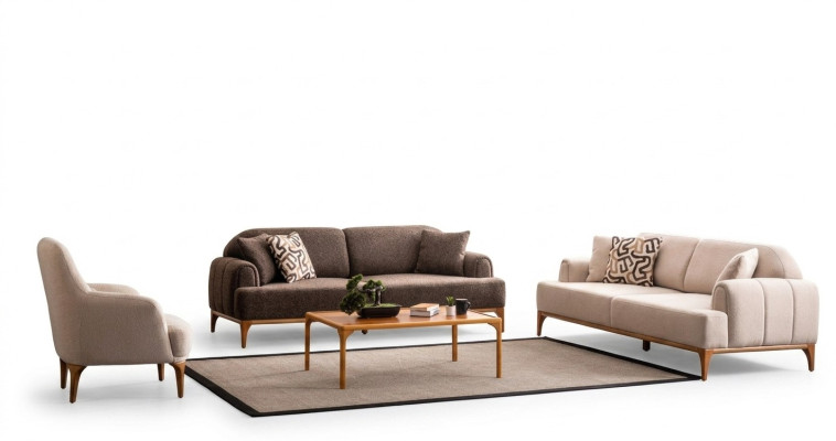 Conjunto de sofá beige moderno de lujo para la sala de estar, 3+3+1 plazas.