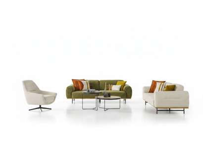 Diseño de sala de estar de 2 piezas. Mobiliario de lujo en color beige, moderno y novedoso.