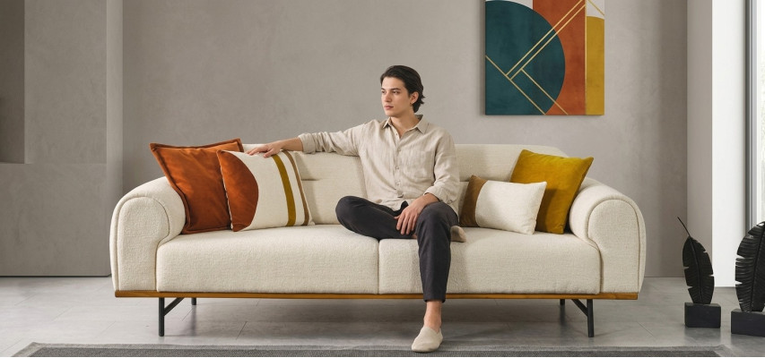 Sofá moderno de 3 plazas de lujo en beige, muebles de diseño para sofás de sala de estar.