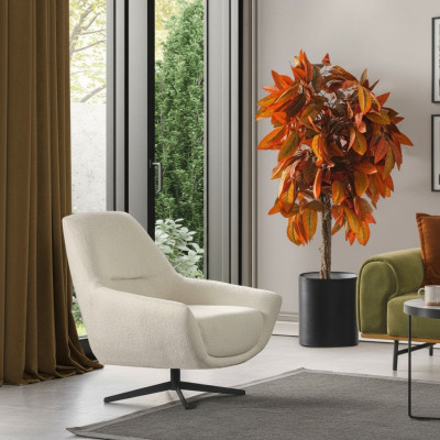 Sillon de lujo beige giratorio con estilo de sala de estar, tapizado en tela de salón tipo club.