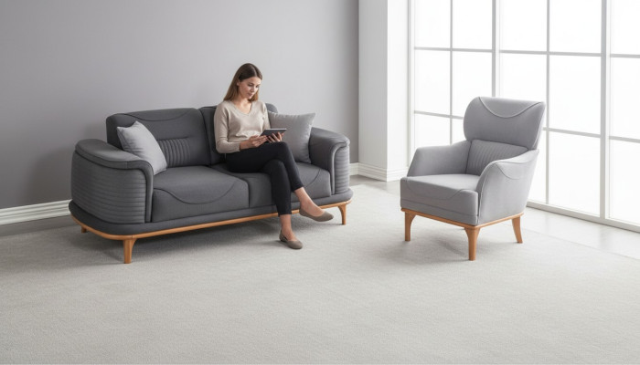Moderno conjunto de sala de estar de 2 piezas en color gris: sofá de tres plazas y sillón.
