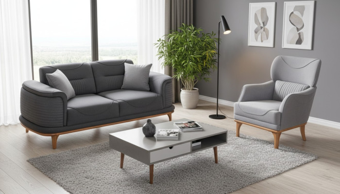 Moderno conjunto de sala de estar de 2 piezas en color gris: sofá de tres plazas y sillón.