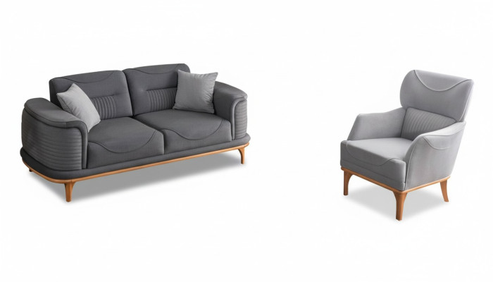 Moderno conjunto de sala de estar de 2 piezas en color gris: sofá de tres plazas y sillón.