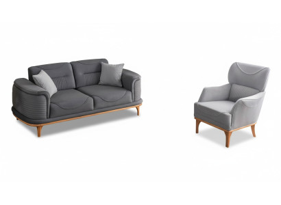 Moderno conjunto de sala de estar de 2 piezas en color gris: sofá de tres plazas y sillón.