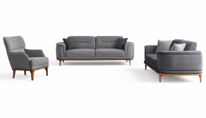Lujo sala de estar tapizada en gris: Dos sofás de tres plazas y sillón nuevo.