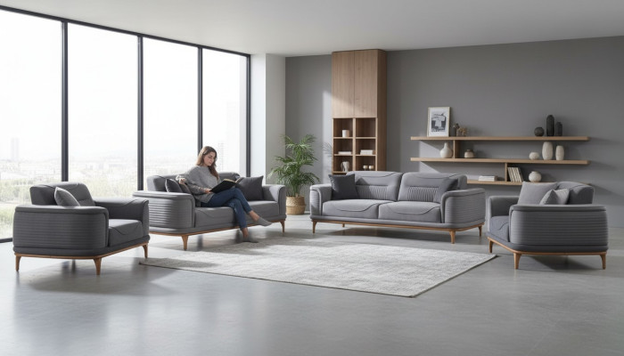 Sofá tapizado de 4 piezas de lujo en gris: sofá de tres plazas para la sala de estar