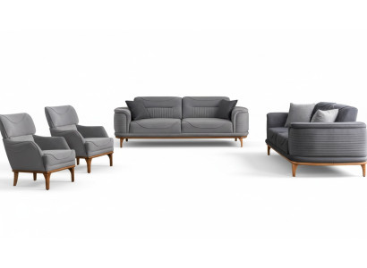 Moderno conjunto de muebles tapizados grises: sofás y sillones para sala de estar nuevos.
