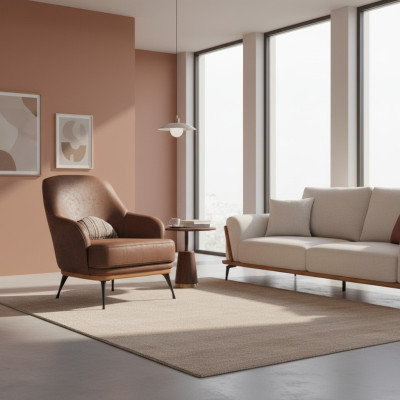 Acogedor sillón de diseño de tela marrón para la sala de estar. Nuevo.