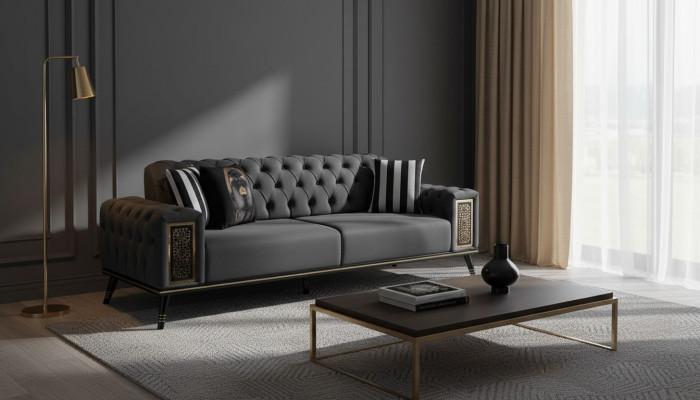 Chesterfield Tres plazas en negro y dorado, mueble de lujo para la sala de estar.