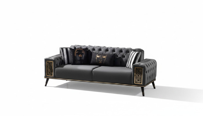 Chesterfield Tres plazas en negro y dorado, mueble de lujo para la sala de estar.