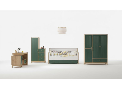 Elegante conjunto de habitación infantil que consta de cama, 2 armarios y escritorio.