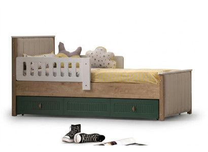 Elegante cama infantil de 200 cm, cama juvenil de madera, tela moderna para la habitación de los niños.