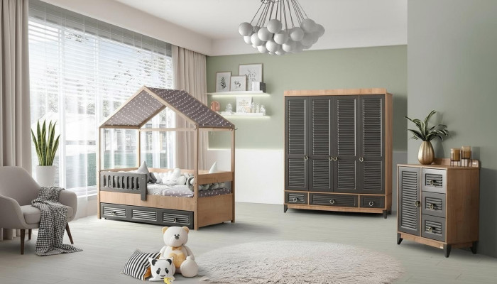 Conjunto de habitación juvenil gris, cómoda, armario y cama de 3 piezas.