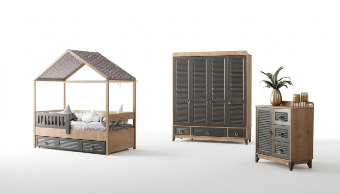 Conjunto de habitación juvenil gris, cómoda, armario y cama de 3 piezas.