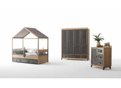 Conjunto de habitación juvenil gris, cómoda, armario y cama de 3 piezas.