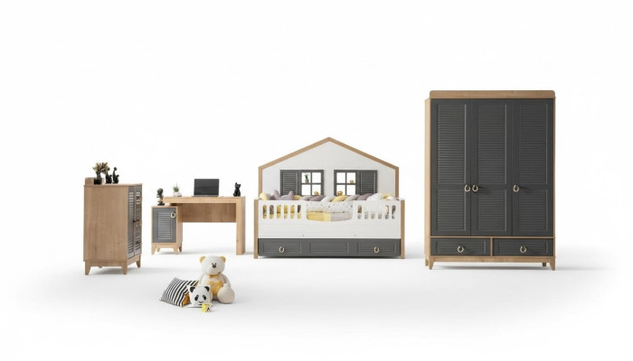 lujoso Conjunto completo de muebles infantiles Cama de madera de 4 piezas Set de habitación infantil Gris