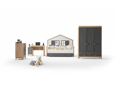 lujoso Conjunto completo de muebles infantiles Cama de madera de 4 piezas Set de habitación infantil Gris