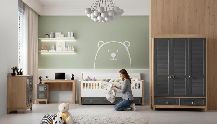 Lujoso conjunto de muebles infantiles para habitación de niños Cama infantil gris de madera Juego de 4 piezas.