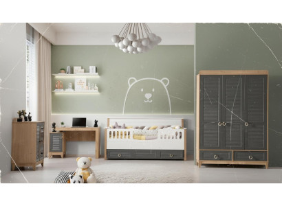 Lujoso conjunto de muebles infantiles para habitación de niños Cama infantil gris de madera Juego de 4 piezas.