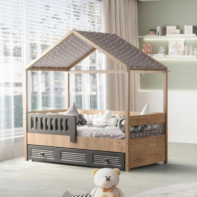 Marco de cama infantil de 200 cm en madera, marco de cama gris para habitación infantil.