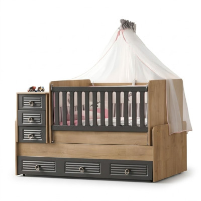 Elegante cama infantil de lujo en color gris de madera, muebles exclusivos nuevos.