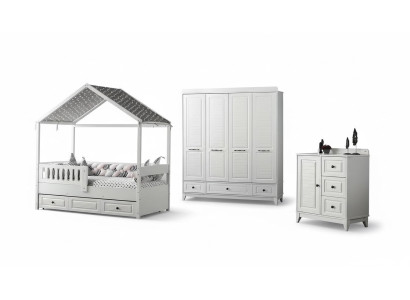 Moderno conjunto completo de habitación juvenil de lujo de 3 piezas en color blanco, nuevo.