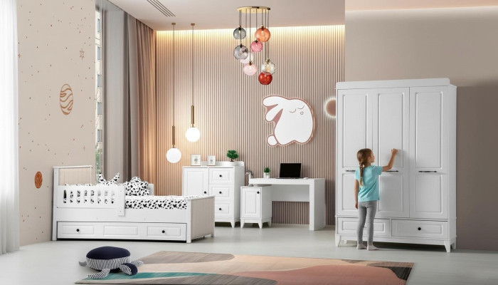 Conjunto de habitación juvenil completo moderno de lujo para niños de 4 piezas en color blanco, nuevo.