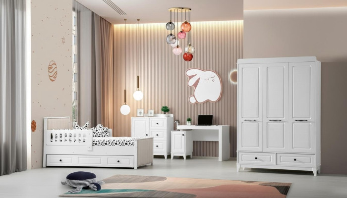 Conjunto de habitación juvenil completo moderno de lujo para niños de 4 piezas en color blanco, nuevo.