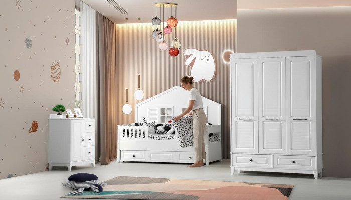 Elegante conjunto completo de habitación juvenil de lujo de 3 piezas en color blanco.