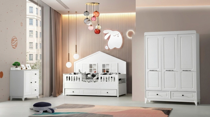 Elegante conjunto completo de habitación juvenil de lujo de 3 piezas en color blanco.
