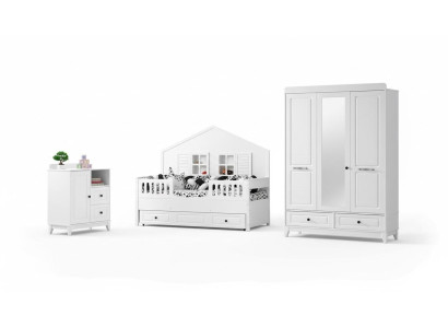 Elegante conjunto completo de habitación juvenil de lujo de 3 piezas en color blanco.