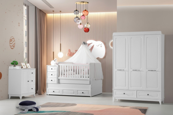 Moderno juego de dormitorio juvenil de lujo completo para niños, conjunto de habitación infantil de 3 piezas blanco.