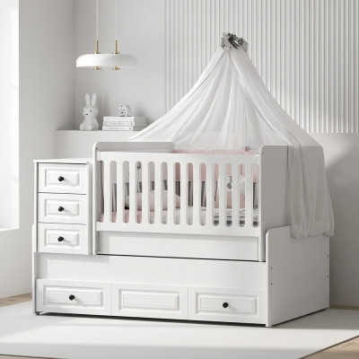 Cama de bebé blanca de lujo, elegante cama de madera para la habitación de los niños, nueva.