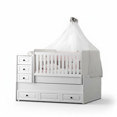 Cama de bebé blanca de lujo, elegante cama de madera para la habitación de los niños, nueva.