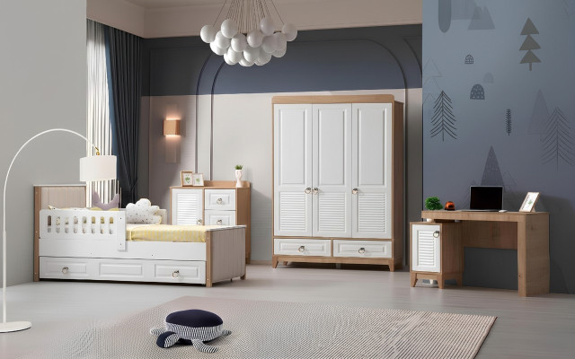 Conjunto de habitación infantil moderna Cama Armario Cómoda Escritorio Brillo