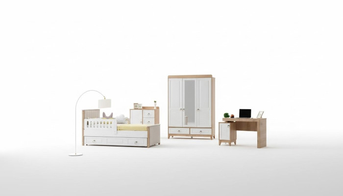 Conjunto de habitación infantil moderna Cama Armario Cómoda Escritorio Brillo