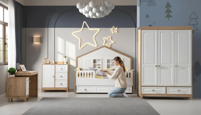 Conjunto de habitación infantil moderna cama armario escritorio luminoso 4 piezas nuevo