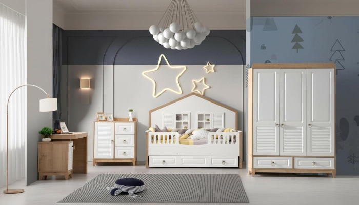 Conjunto de habitación infantil moderna cama armario escritorio luminoso 4 piezas nuevo