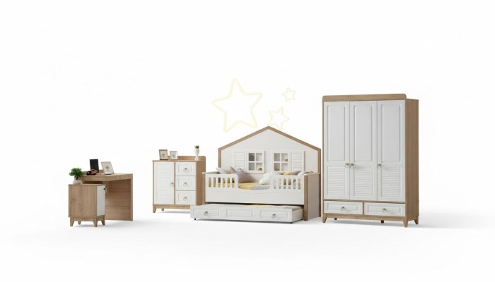Conjunto de habitación infantil moderna cama armario escritorio luminoso 4 piezas nuevo