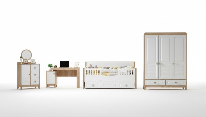 Set de habitación infantil Cama Armario Cómoda Escritorio Blanco 4 piezas