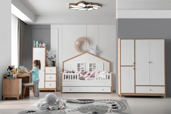 Conjunto de dormitorio para niños elegante: cama, armario y mesa, luminoso, de 4 piezas.