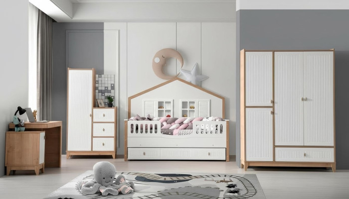 Conjunto de dormitorio para niños elegante: cama, armario y mesa, luminoso, de 4 piezas.