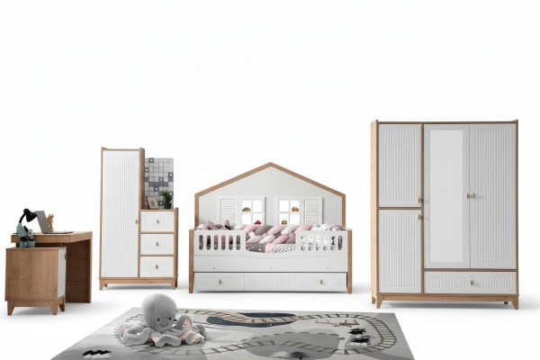 Conjunto de dormitorio para niños elegante: cama, armario y mesa, luminoso, de 4 piezas.