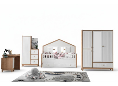 Conjunto de dormitorio para niños elegante: cama, armario y mesa, luminoso, de 4 piezas.