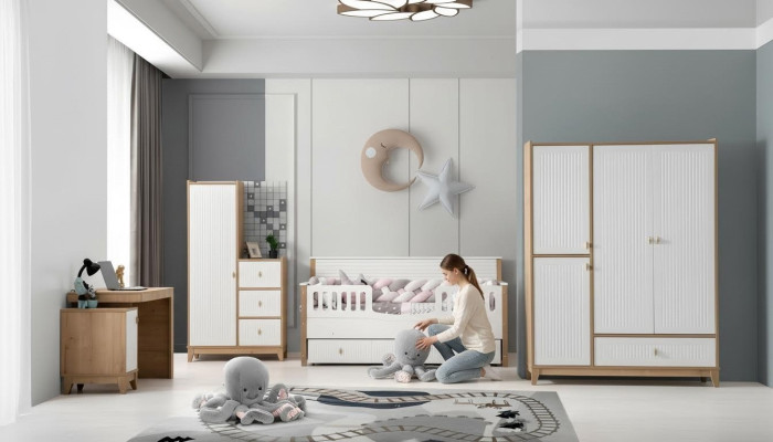 Conjunto de habitación infantil elegante cama 2 armarios escritorio blanco de 5 piezas
