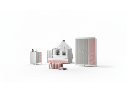 Set de habitación infantil lujoso de 3 piezas. Elegante cómoda, armario y cama multicolor.