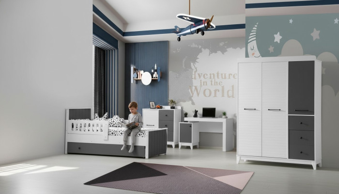 Conjunto de habitación infantil moderna compuesto por cama, armario, cómoda, y mesa de 4 piezas.