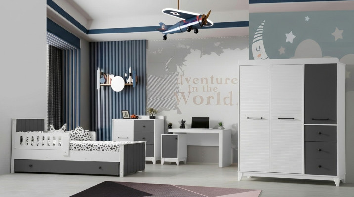 Conjunto de habitación infantil moderna compuesto por cama, armario, cómoda, y mesa de 4 piezas.