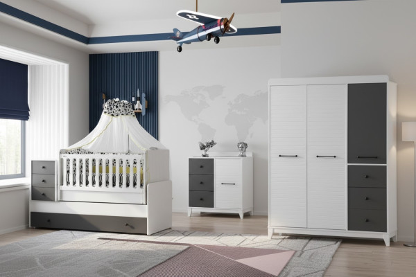 Conjunto de habitación infantil moderna que consta de cama infantil, armario, cómoda, 3 piezas, nuevo.